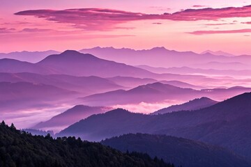Fototapeta premium Pink and Purple Sunrise Over Misty Mountain Ridge.