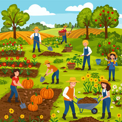 Harvest Harmony: An illustration captures a lively autumn scene, with a vibrant garden brimming with ripe produce, amidst a backdrop of cheerful figures working together.