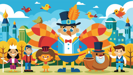 Obraz premium Colorful vector illustration of a festive parade featuring whimsical characters in a vibrant autumn landscape with a castle backdrop and playful fall decorations