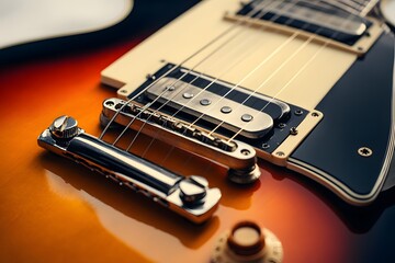 Close up shot of a vintage electric guitar's bridge, strings, and pickup in striking detail.
