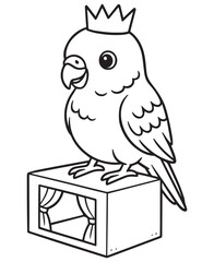 Coloring book cockatiel wearing a small crown stands proudly on a miniature puppet theater stage with drawn curtains