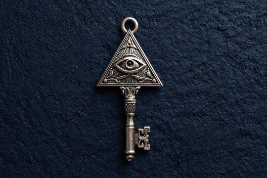 Ancient key with all-seeing eye emblem.