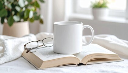 A minimalist mug mockup sits on top of an open book with reading glasses beside it. mug mockup concept