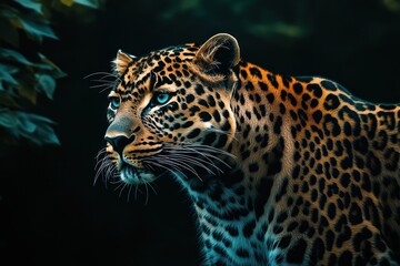 Obraz premium Stunning graphic layout featuring a majestic leopard in a natural habitat during the day