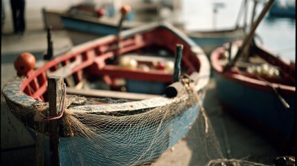 Weathered fishing boats rest at the dock, surrounded by nets and gear, embodying a sense of maritime life and resilience.