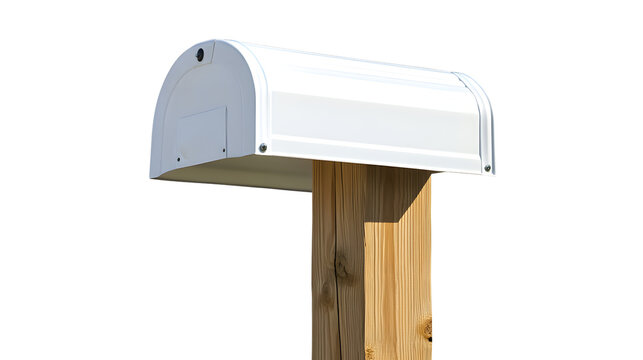 Rustic White Mailbox on Wooden Post Isolated on White Background