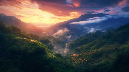 Sunset Serenity: Lush Rice Terraces in Vibrant Hues
