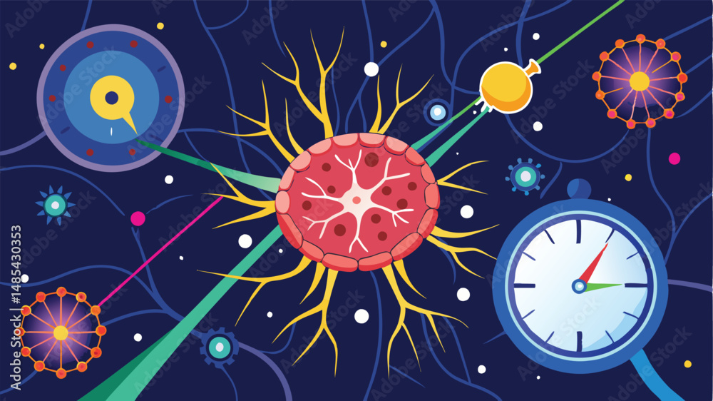 Aufkleber Vector illustration showing a vibrant cell structure surrounded by abstract microorganisms and clocks, representing the dynamic interactions in cellular biology
