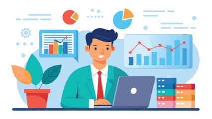 Fototapeta premium Professional man working on a laptop, analyzing graphs and charts in a modern office environment with plants and organized files around