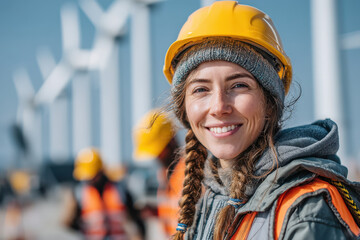 Woman in hard hat smiles at camera.