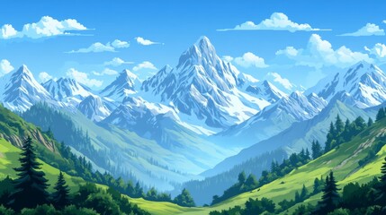 Snow-Covered Mountain Peaks in a Sunny Alpine Valley