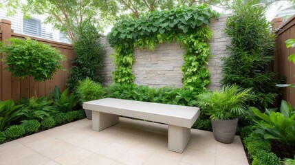 Tranquil Courtyard Garden with Stone Wall and Concrete Bench
