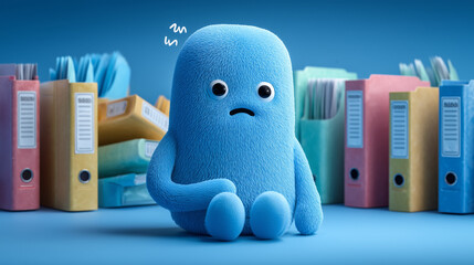 Anxious Blue Fuzzy Monster Surrounded by Office Folders