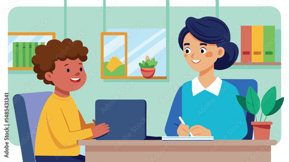 Poster two individuals engaged in a collaborative work session at a desk in a cozy office space, focusing o