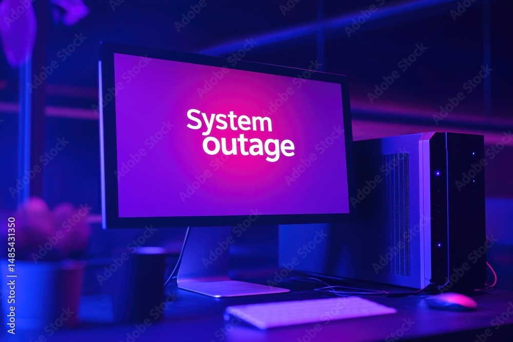 Poster graphic layout displaying system outage notification on a modern computer screen