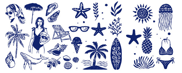 Hand drawn summer illustration set. Italian dolce vita. Minimalist line art. Palm tree, lemon, cocktails sun and sea, seashells in doodle sketch style. Drawing ink. Concept vacation ocean and travel