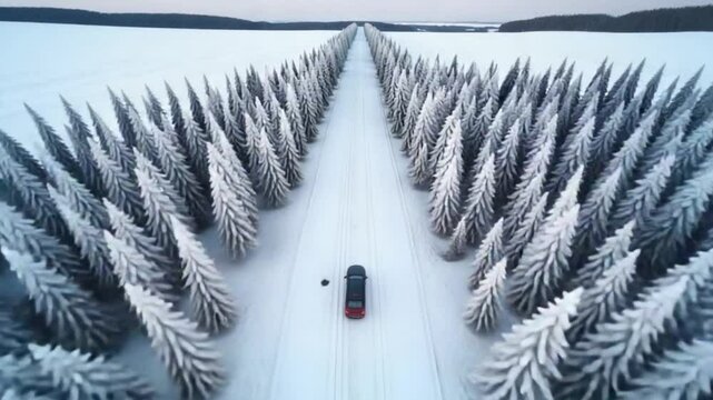 Aerial view on car driving through winter forest road between the snow-covered fields