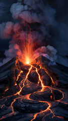Eruption of a Volcano at Night with Lava Flowing Down its Slopes