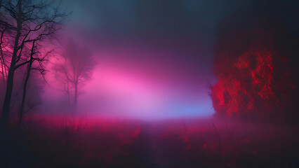 Fototapeta premium Mystical forest scene illuminated by vibrant pink and red light and foggy atmosphere