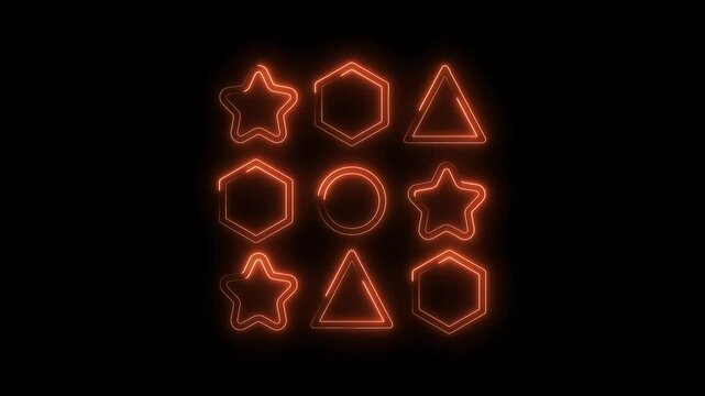 Glowing geometric shapes animation on black background star circle hexagon triangle design