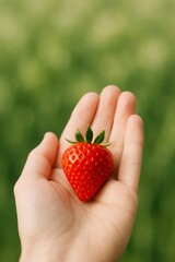 A clean, close-up image of a hand holding a single, perfectly ripe red strawberry against a softly blurred green background