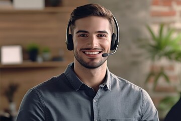Smiling customer service representative assisting clients in a modern office setting