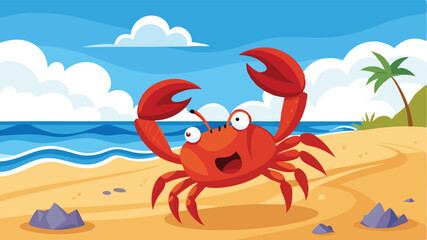 Colorful vector illustration of a happy crab on a tropical beach with palm trees, blue ocean, and fluffy clouds in a lively outdoor setting