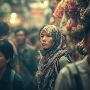A woman in a patterned headscarf amidst a bustling street scene.