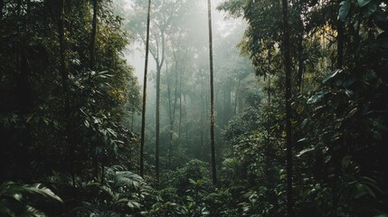 Obraz premium Lush forest canopy scene in a misty, tropical environment.