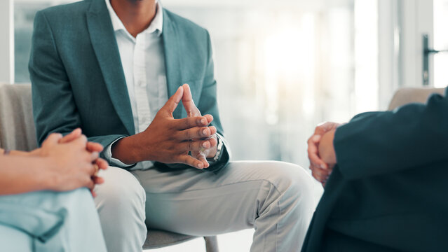 Business people, hands and HR for compliance, discussion or discipline in office. Person, meeting or complaint for bad behavior for workplace, bullying or reprimand for performance review or feedback