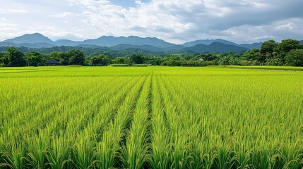 Expansive vibrant green rice field with neat rows stretching towards distant blue-green mountains under partly cloudy sky conveying tranquility and natural beauty
