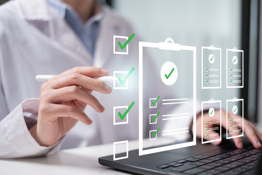 Professional health care doctor physician checklist hospital medical insurance stethoscope document patient care data clinic exam report answer check diagnosis research solution medical record concept