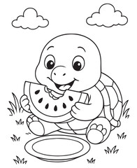 Coloring book turtle sits in the grass under fluffy clouds, happily eating a slice of watermelon.