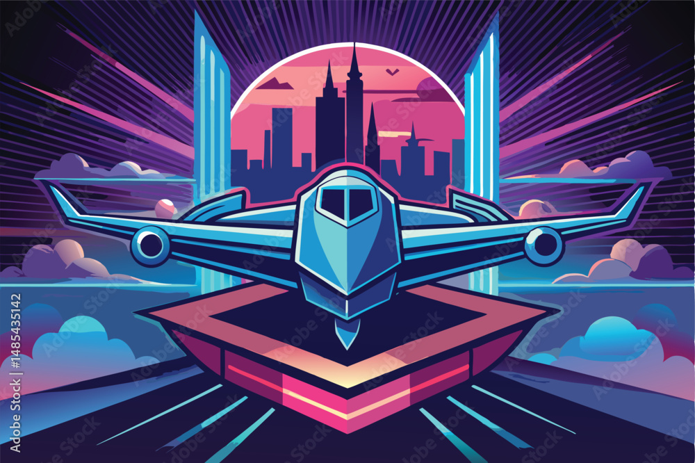 Poster colorful vector illustration of an airplane flying through clouds in a vibrant cosmic background wit