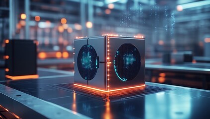 Futuristic metal cube with glowing displays, digital interface in industrial setting