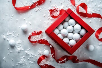 Red box full of golf balls with ribbon on snowy white background. It's great for holiday golf gifts and golfing promotions.