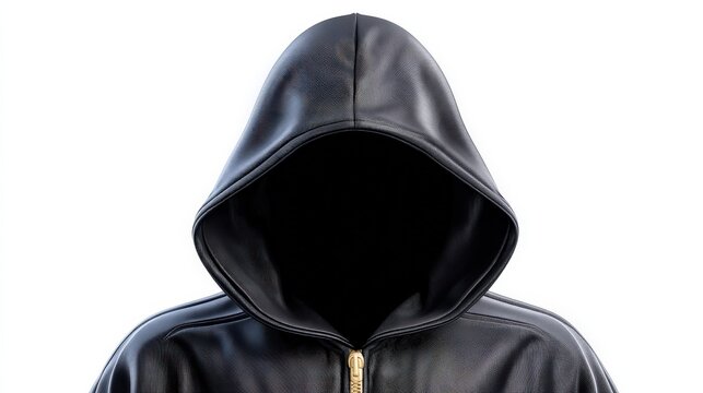 Mysterious figure in a black leather hoodie creating an enigmatic atmosphere with a deep shadow concealing facial features and inviting intrigue into the unknown and uncharted realms of identity