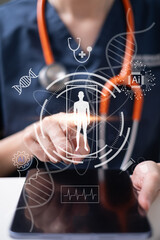 Fototapeta premium Professional doctor physician medical healthcare worker using artificial intelligence for diagnosis analysis treatment technology innovation disease concept