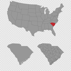 South Carolina map set with USA location, clean outline, and full county breakdown.