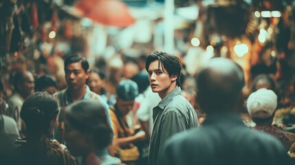 Fototapeta premium A man in a bustling marketplace scene, contemplation in his eyes.