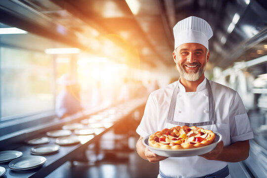 Senior professional chef proudly showing his freshly baked apple cake in a commercial kitchen, happy with the outcome of his work