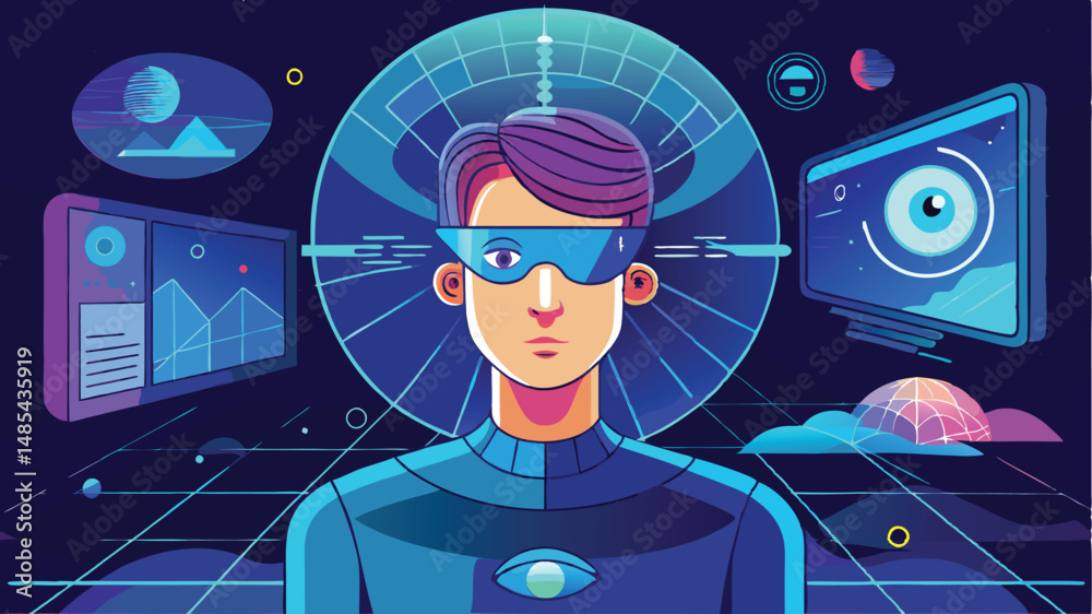 Poster virtual reality experience with a user wearing vr goggles interacting with digital graphics and data