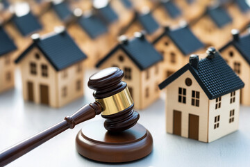 Wooden judge gavel on sound block with miniature toy houses in background, representing real estate auction or foreclosure