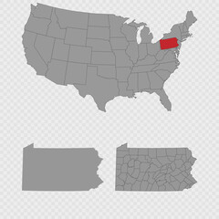 Pennsylvania map set with USA location, clean outline, and full county breakdown.