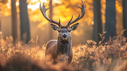 Majestic Red Deer in Golden Autumn Forest: A Serene Wildlife Photograph