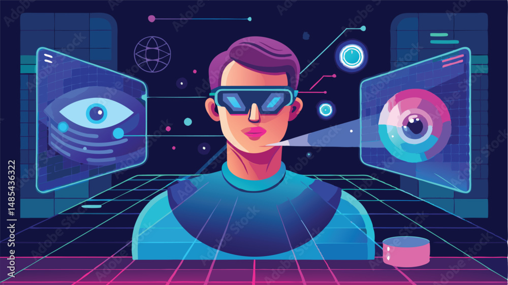 Poster virtual reality experience with a user wearing vr goggles interacting with digital graphics and data