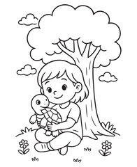 Coloring book child sits cross-legged under a large tree, gently hugging a small turtle