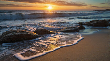 Sunrise Over Rocky Beach: Ocean Waves and Golden Light