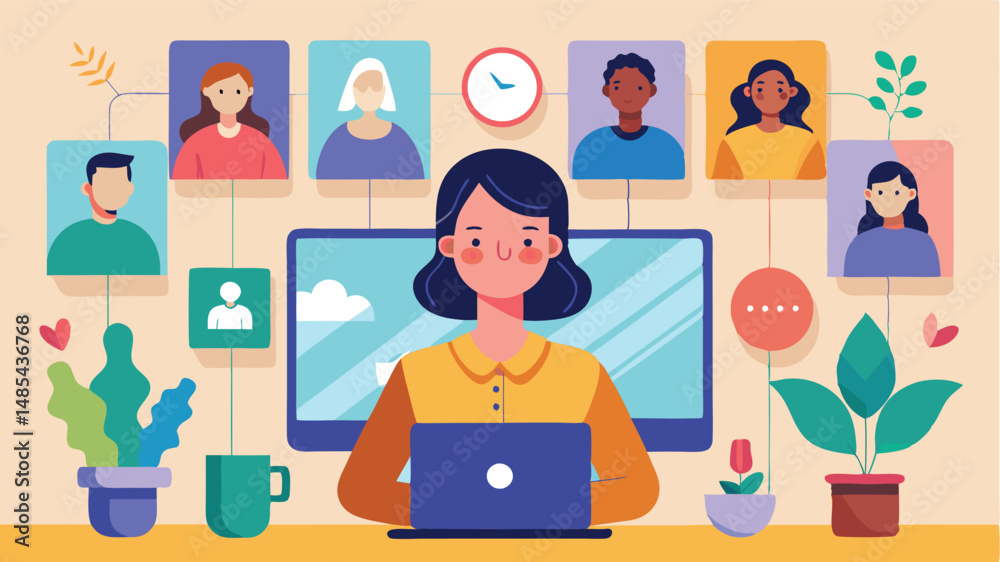 Aufkleber vector illustration of a man participating in a video conference call at home with colleagues displa