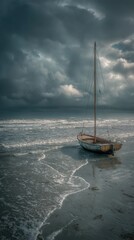 Stormy seascape with a lone sailboat on the shore.
